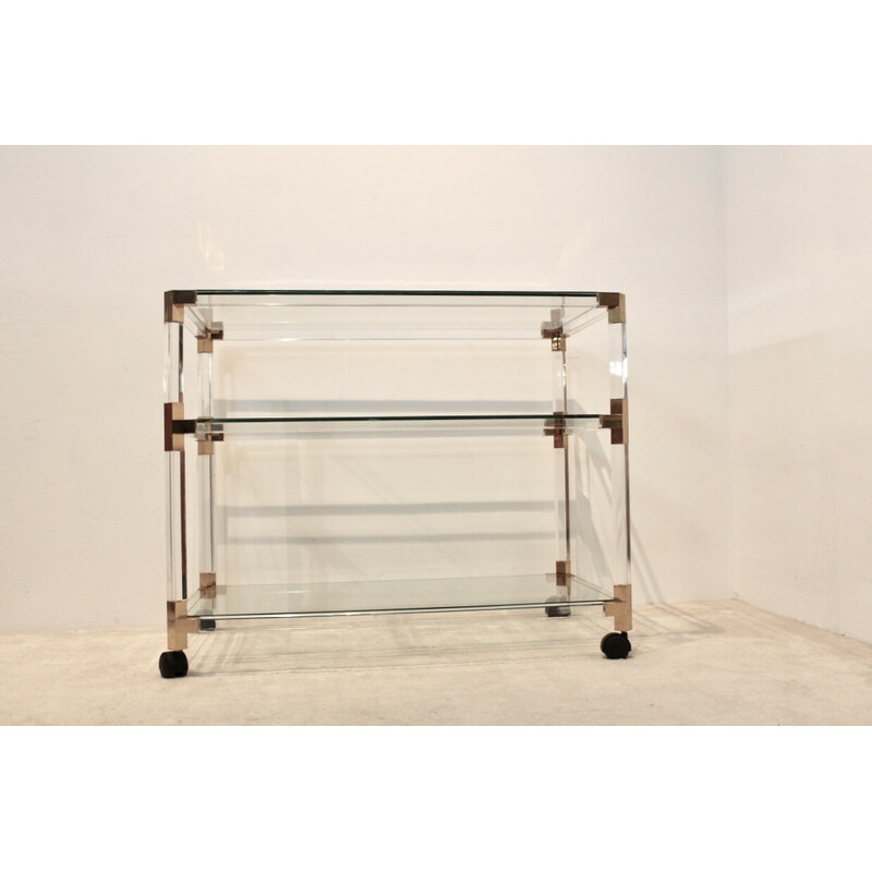 Vintage bar trolley in lucite, gold and glass by Pierre Vandel, France 1970s