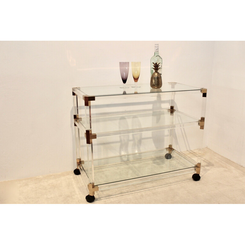 Vintage bar trolley in lucite, gold and glass by Pierre Vandel, France 1970s