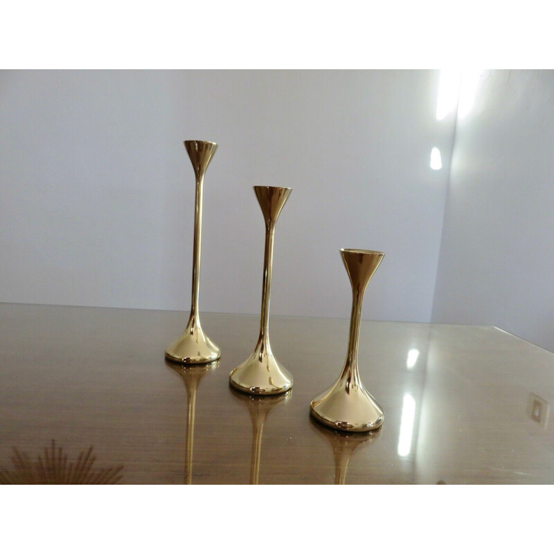 Set of 3 vintage Scandinavian brass candlesticks, 1970s