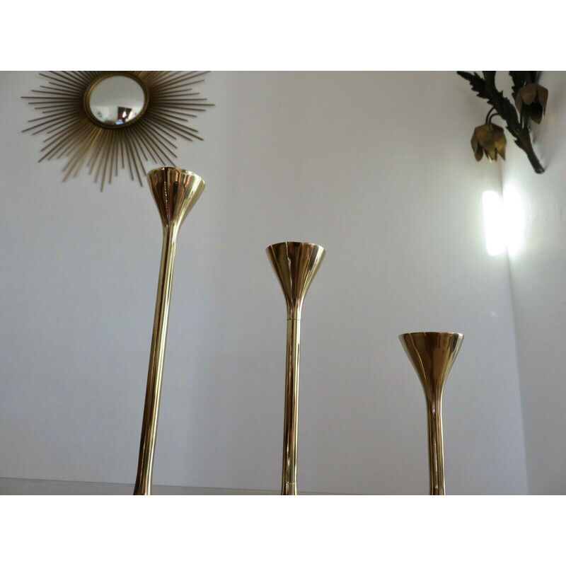Set of 3 vintage Scandinavian brass candlesticks, 1970s
