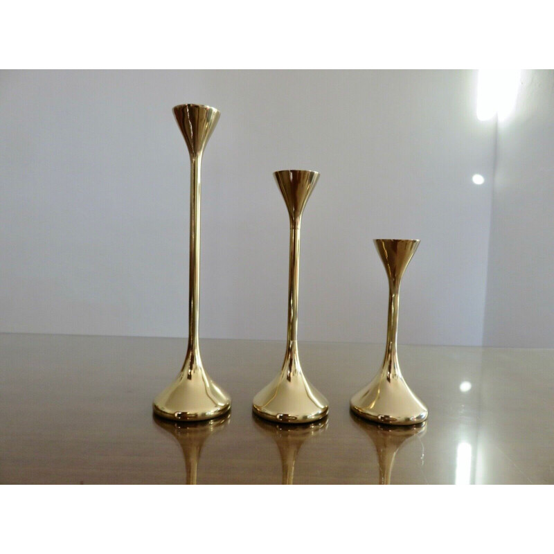 Set of 3 vintage Scandinavian brass candlesticks, 1970s
