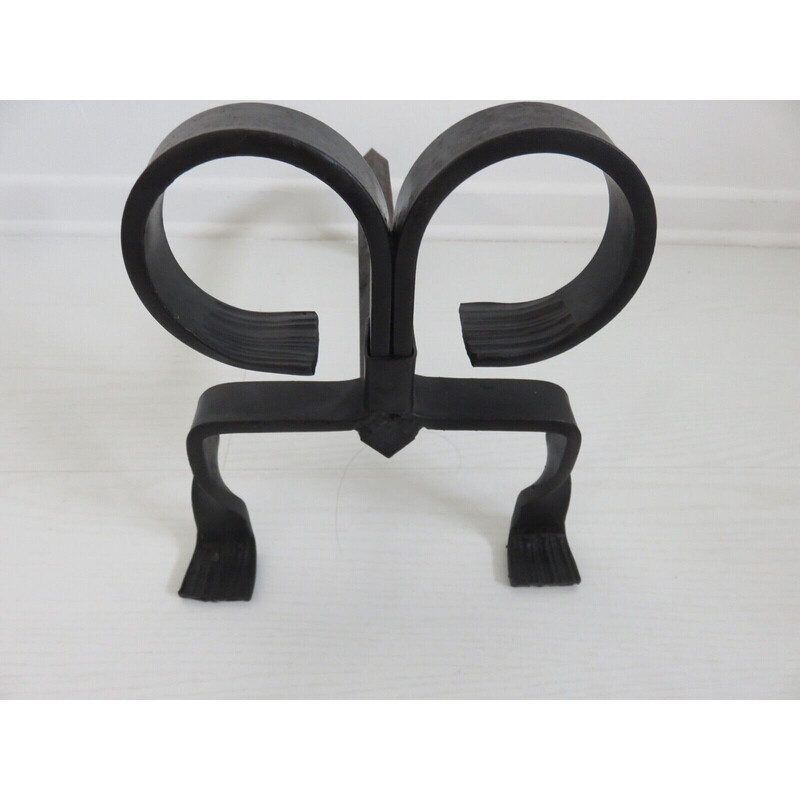 Pair of vintage "ibex" andirons in wrought iron, France 1930-1940s