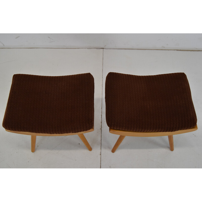 Pair of vintage wooden and fabric poufs, Czechoslovakia 1985s