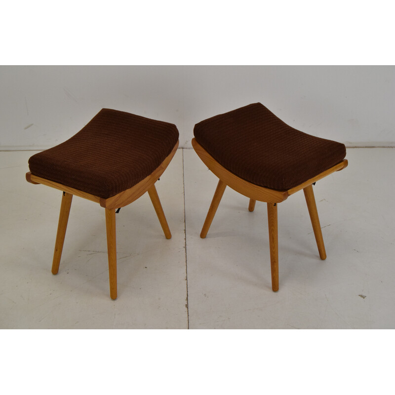 Pair of vintage wooden and fabric poufs, Czechoslovakia 1985s