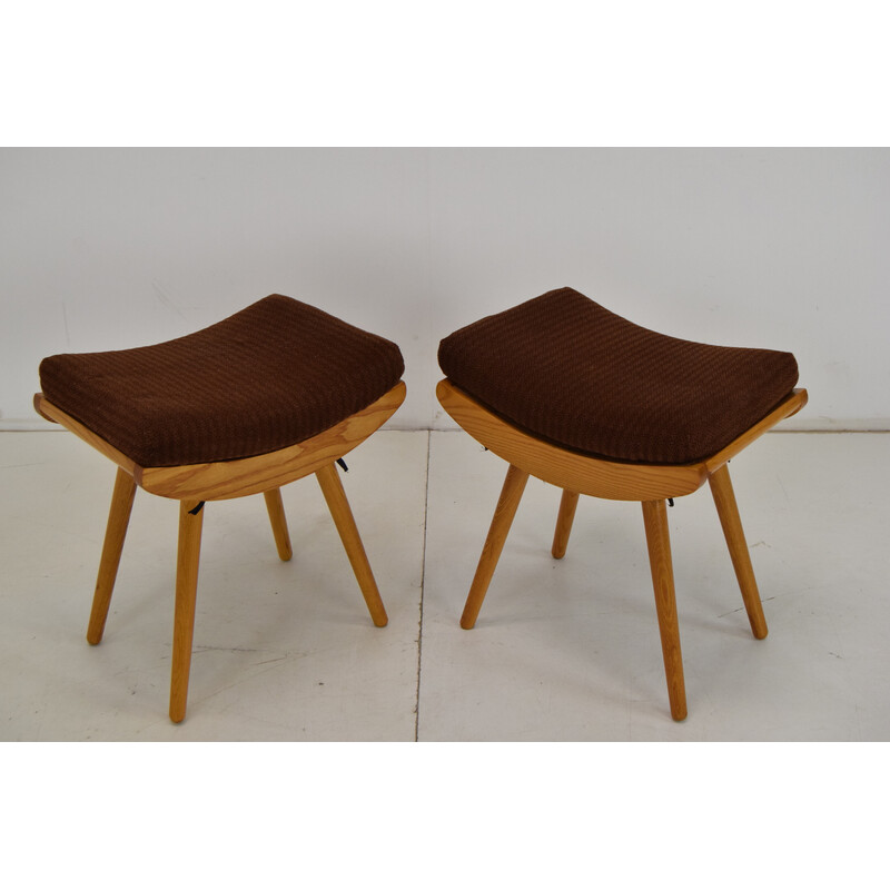 Pair of vintage wooden and fabric poufs, Czechoslovakia 1985s