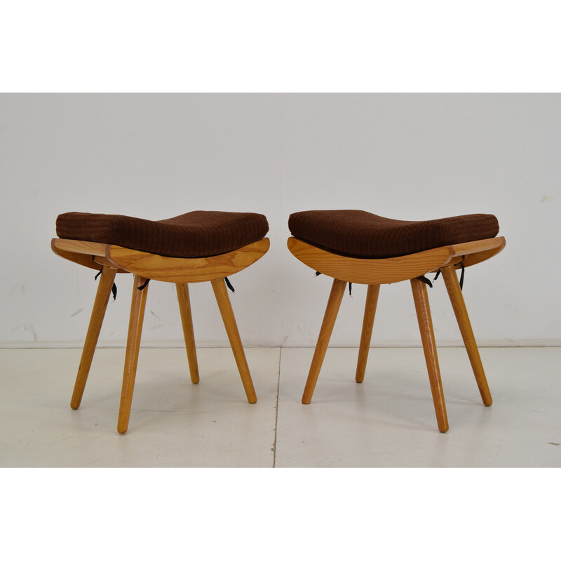 Pair of vintage wooden and fabric poufs, Czechoslovakia 1985s