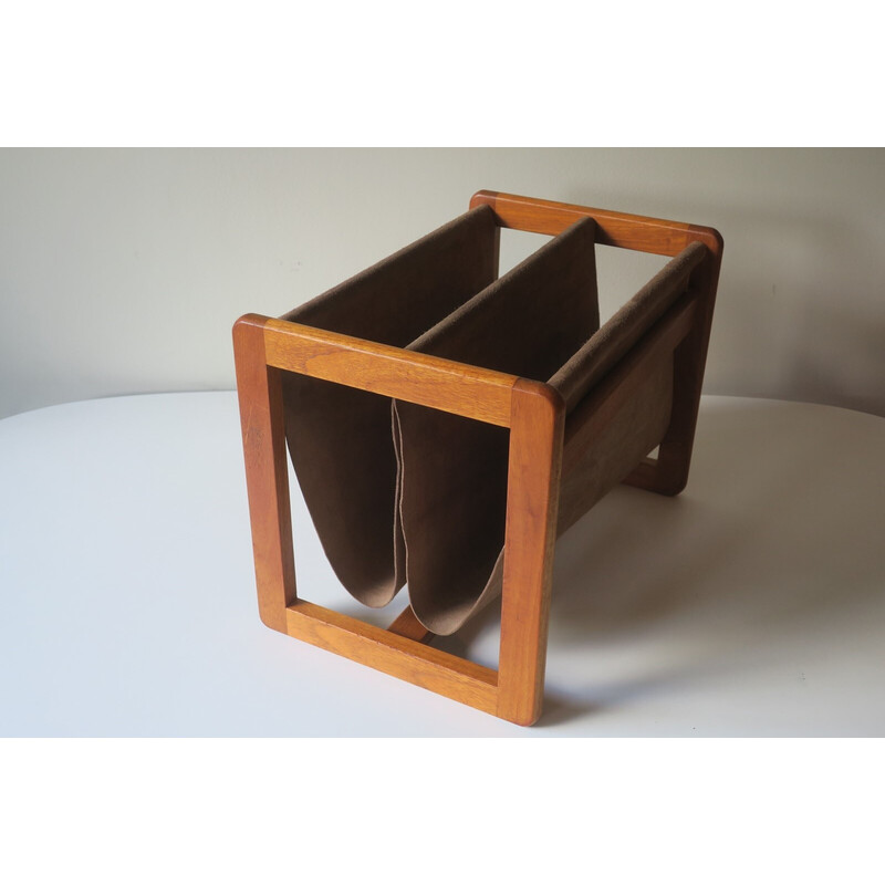 Vintage teak and suede leather magazine rack by Aksel Kjersgaard, Denmark 1960s