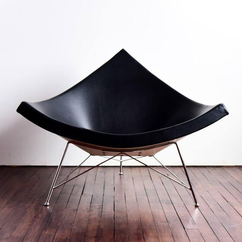 Vintage Coconut chair in white plastic and black leather by George Nelson, 1950s