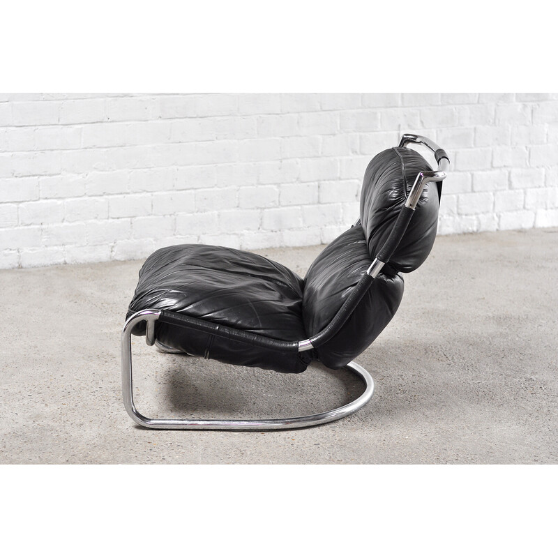 Fauteuil lounge vintage en cuir noir et acier tubulaire, Italie 1970