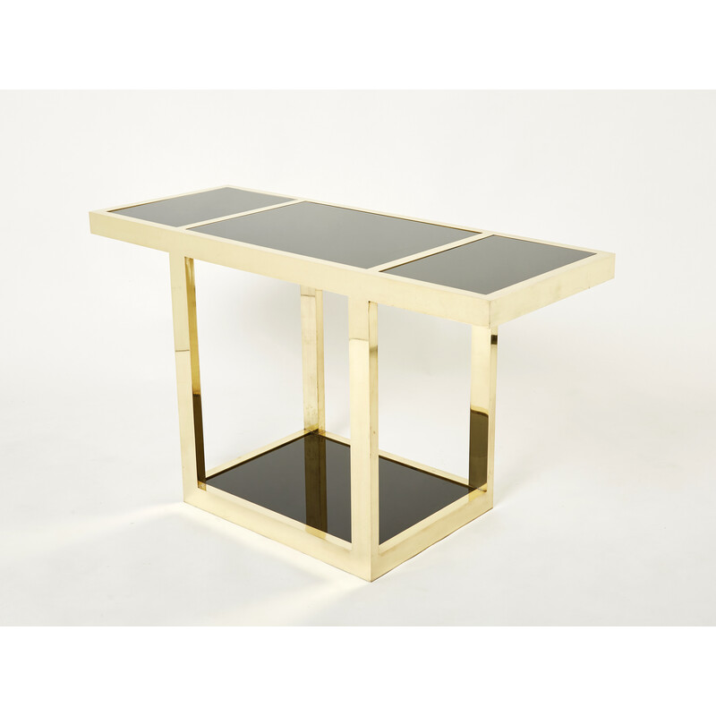 Vintage console in brass and black opaline glass, Italy 1970s