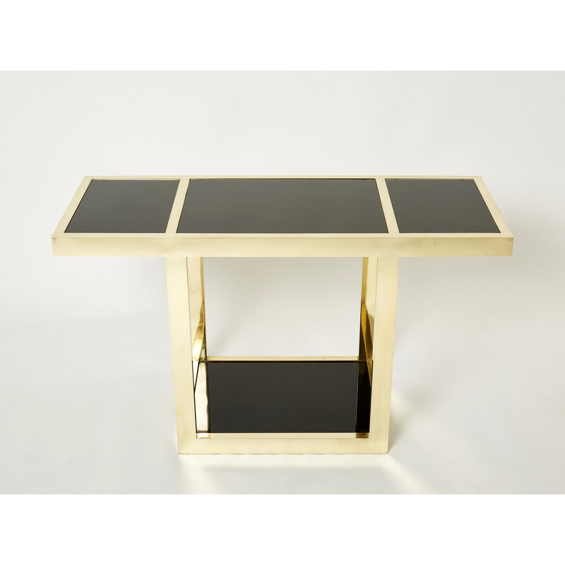 Vintage console in brass and black opaline glass, Italy 1970s