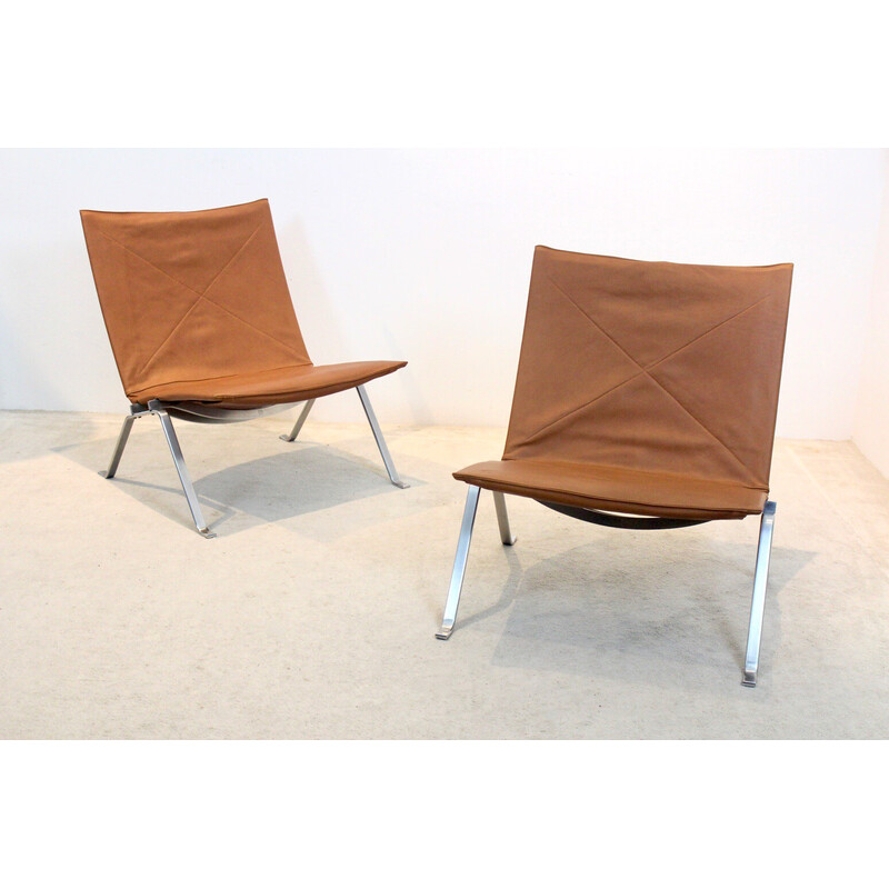 Paar vintage Pk22 stoelen in cognac leer van Poul Kjærholm voor E. Kold Christensen, Denemarken 1950