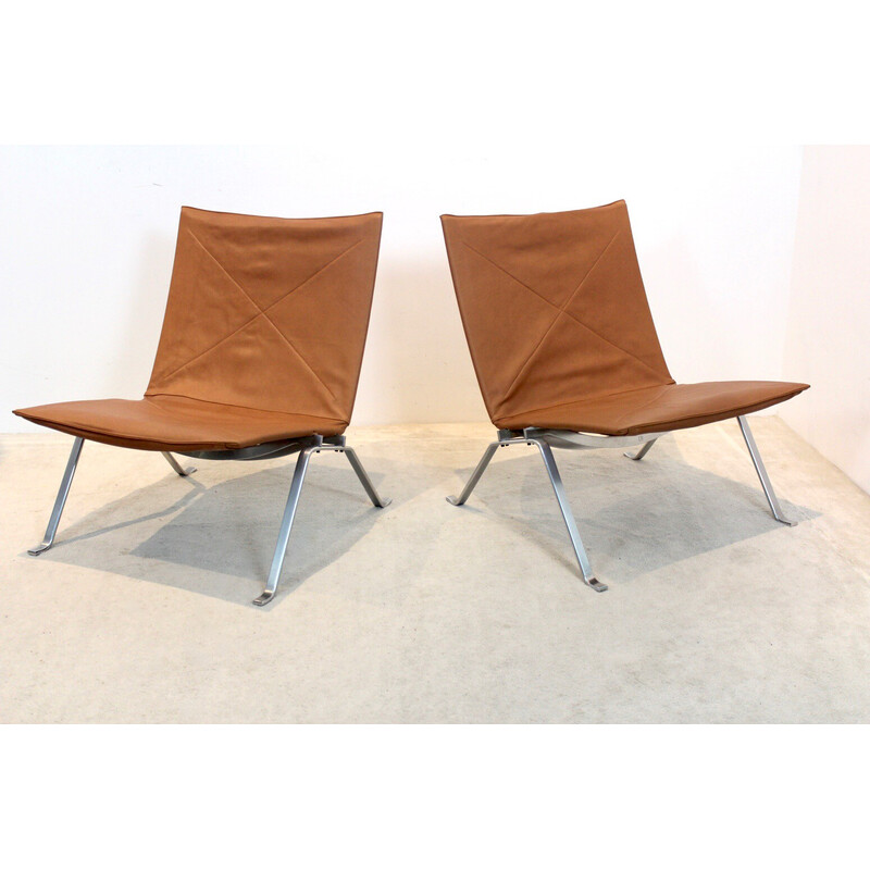 Paar alte Pk22 Stühle in cognacfarbenem Leder von Poul Kjærholm für E. Kold Christensen, Dänemark 1950er Jahre