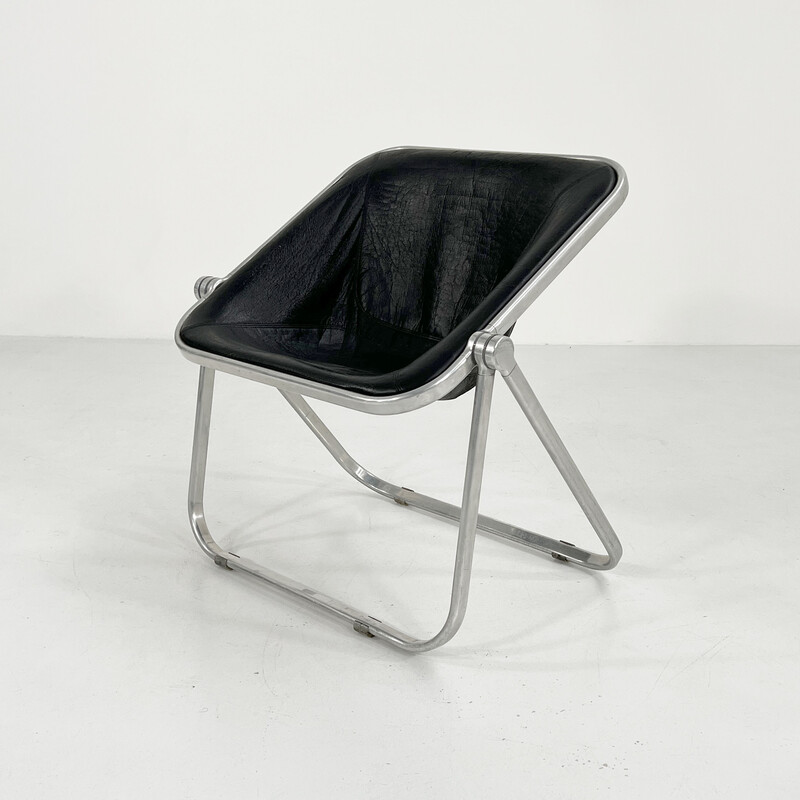 Vintage Plona stoel in zwart leer van Giancarlo Piretti voor Castelli, 1970