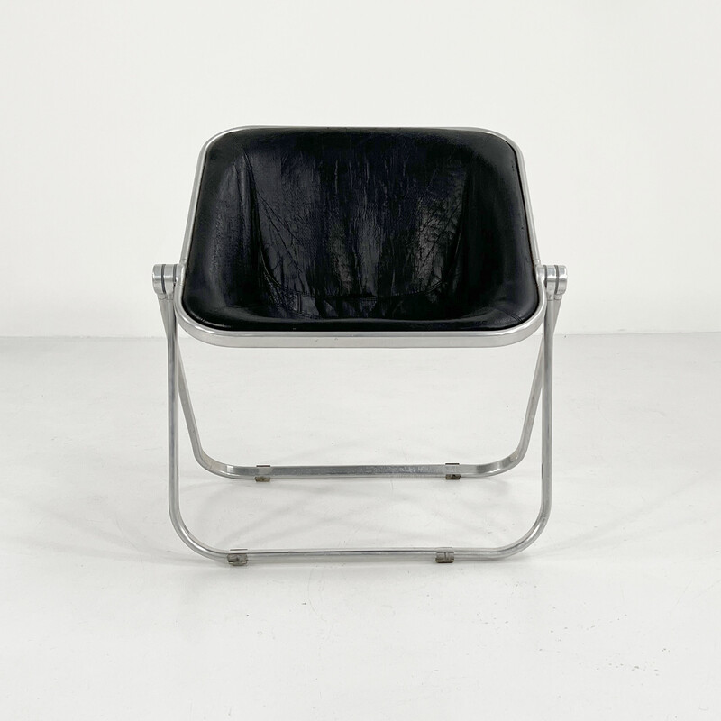 Vintage Plona stoel in zwart leer van Giancarlo Piretti voor Castelli, 1970