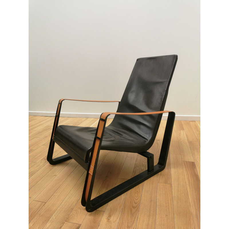 Vintage Cité fauteuil in metaal en leer van Jean Prouvé voor Vitra