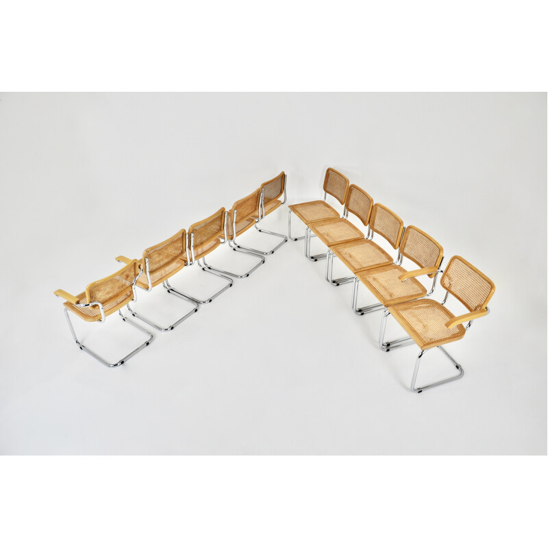 Lot de 10 chaises vintage en bois et rotin