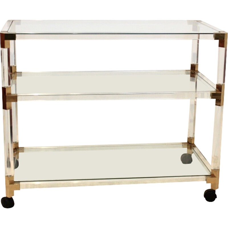 Vintage bar trolley in lucite, gold and glass by Pierre Vandel, France 1970s