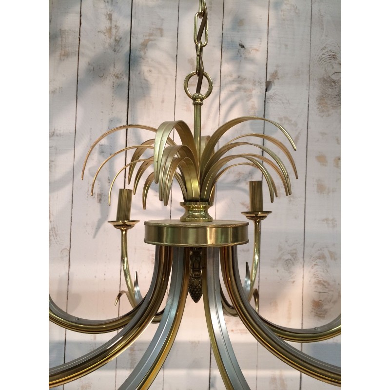 Vintage pineapple chandelier in brushed metal and gilded metal, 1970