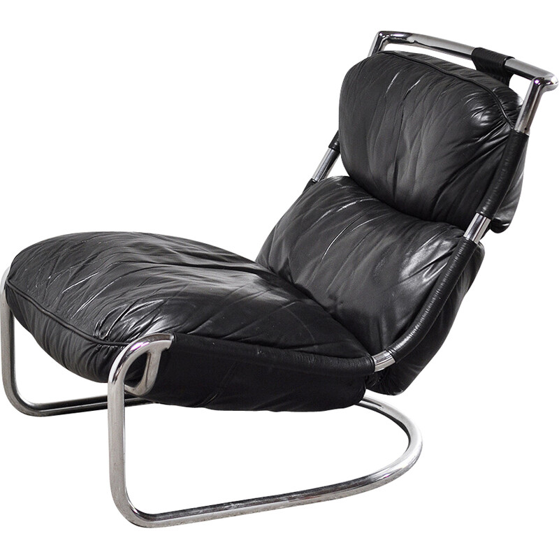 Sillón vintage de cuero negro y tubo de acero, Italia años 70