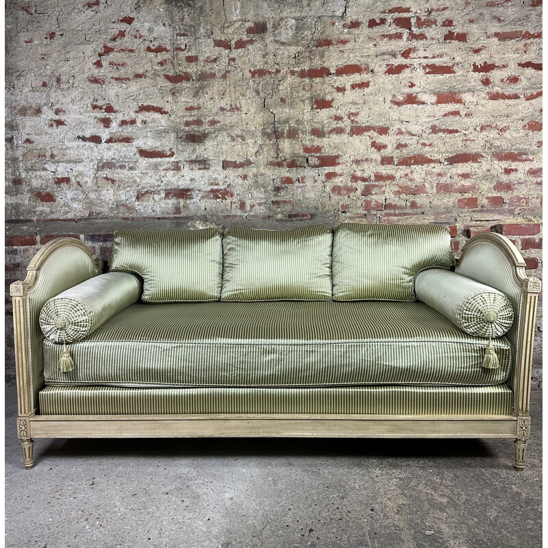 Vintage daybed in carved wood and beige and green satin, 1900