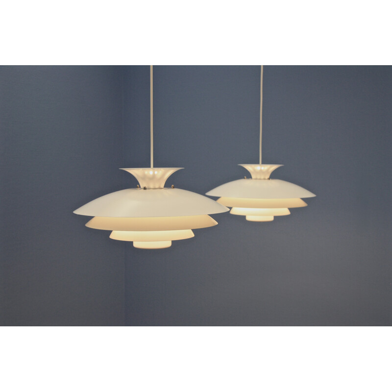 Pair of danish pendants in white from Toplight - 1960s