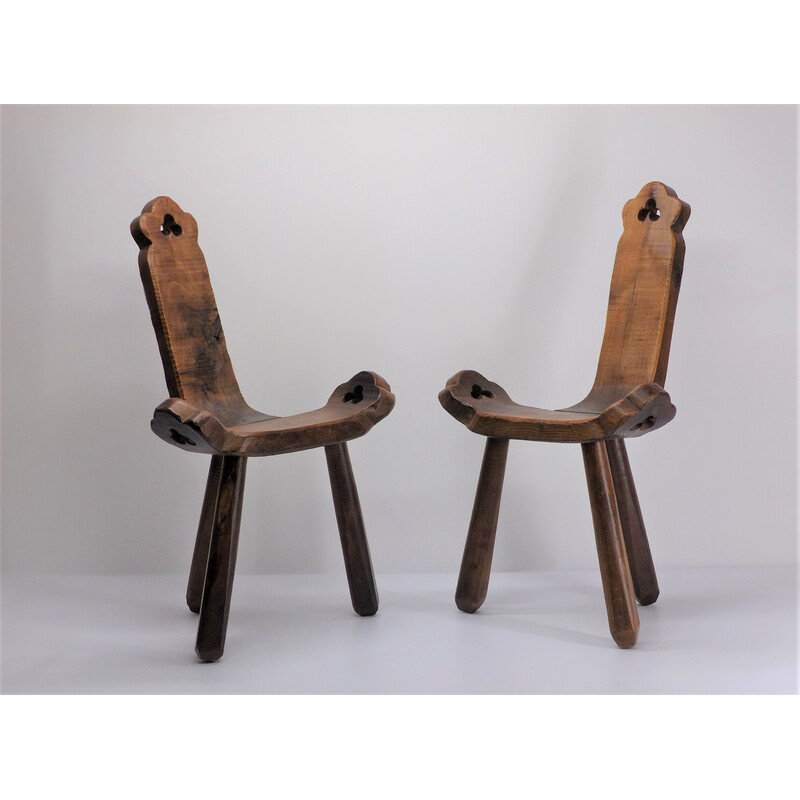 Paire de chaises tripodes vintage en bois vernis, 1960-1970