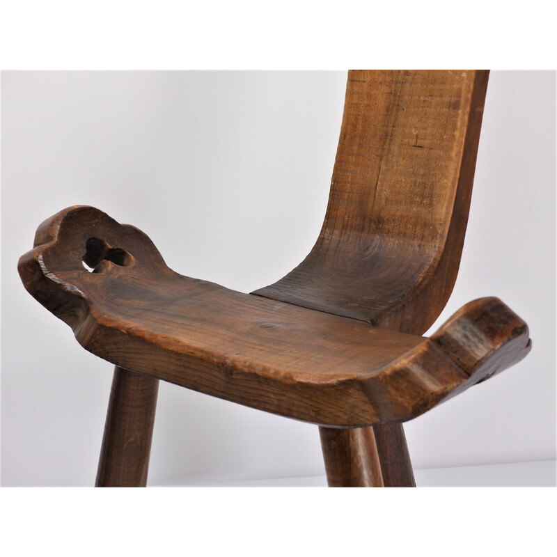 Paire de chaises tripodes vintage en bois vernis, 1960-1970