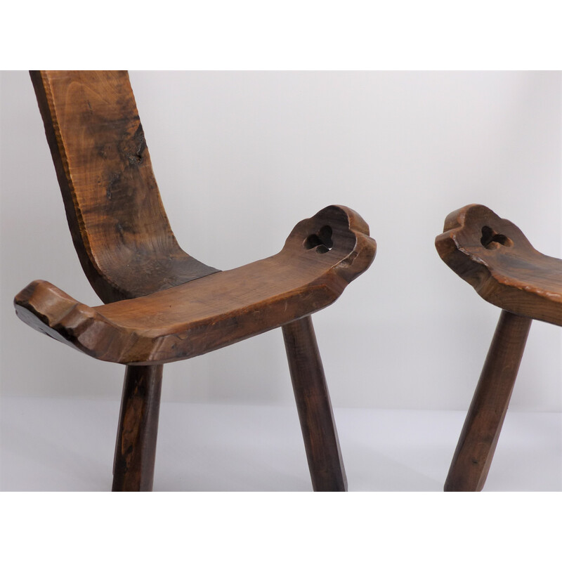 Pareja de sillas trípode vintage en madera barnizada, 1960-1970