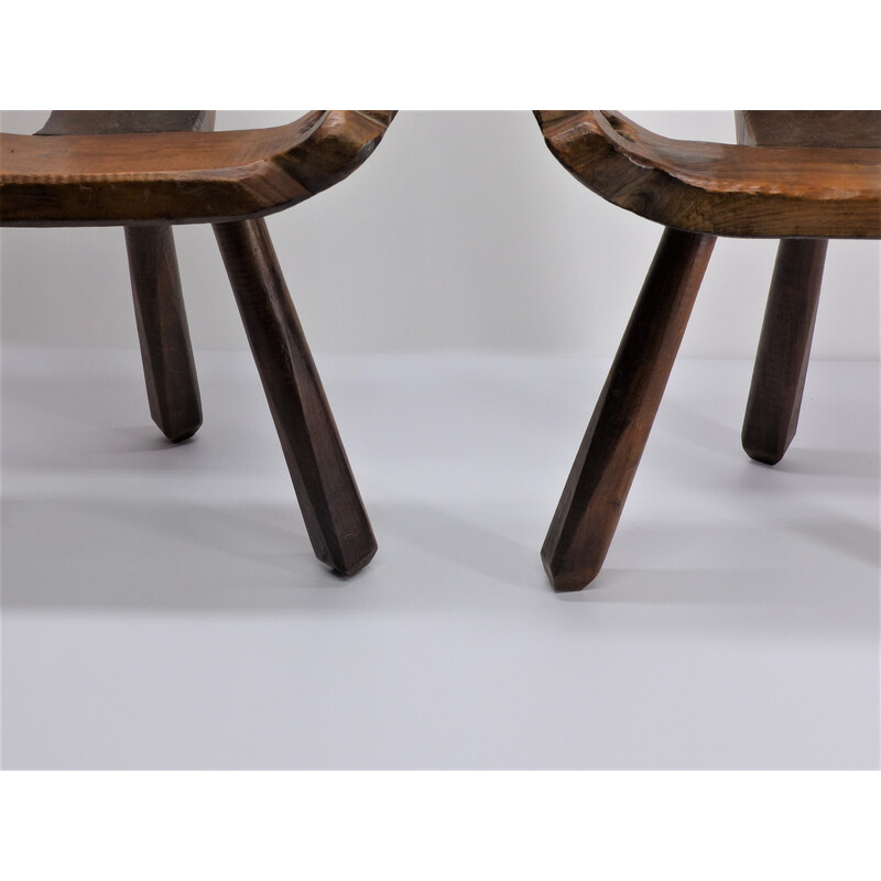 Pair of vintage tripod chairs in varnished wood, 1960-1970s