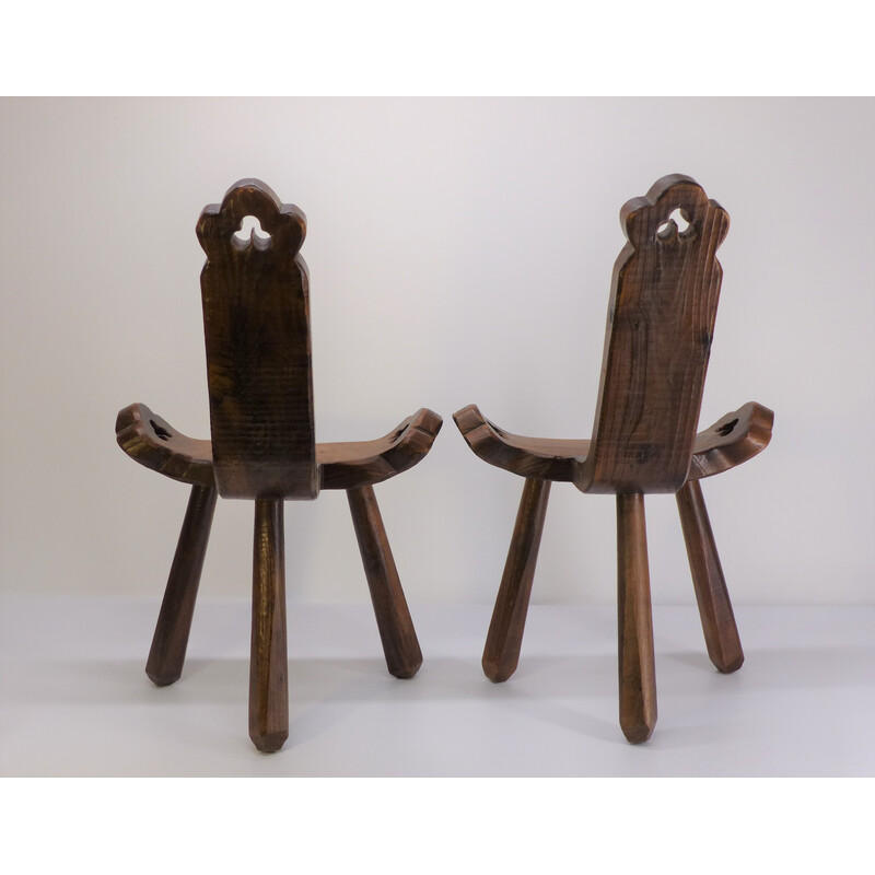 Pareja de sillas trípode vintage en madera barnizada, 1960-1970