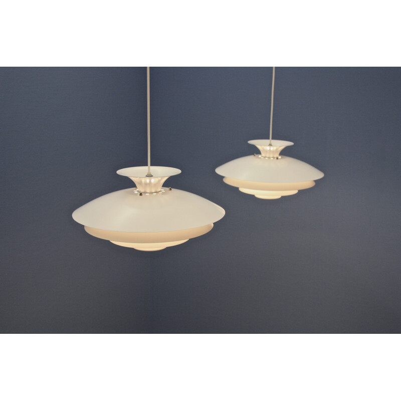 Pair of danish pendants in white from Toplight - 1960s