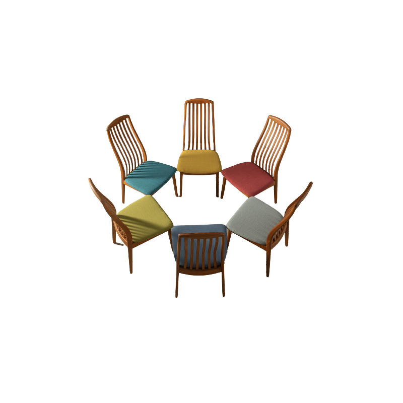 Set of 6 vintage chairs in teak and multicolored fabric for Benny Linden, Denmark 1960s