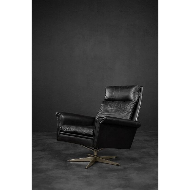 Vintage zwart lederen draaifauteuil van Georg Thams, Denemarken 1960