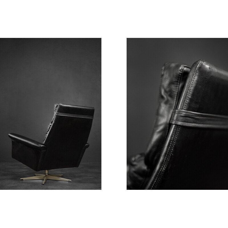 Vintage black leather swivel armchair by Georg Thams, Denmark 1960s