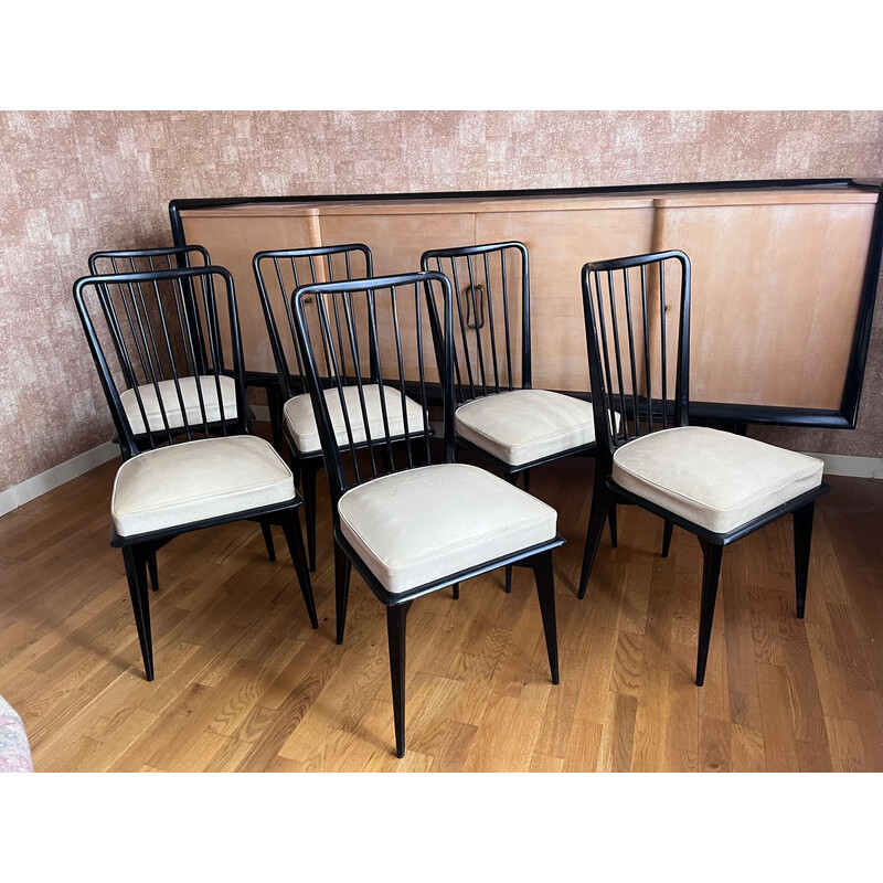 Set of 6 vintage lacquered wood and skai chairs by Charles Ramos, 1950