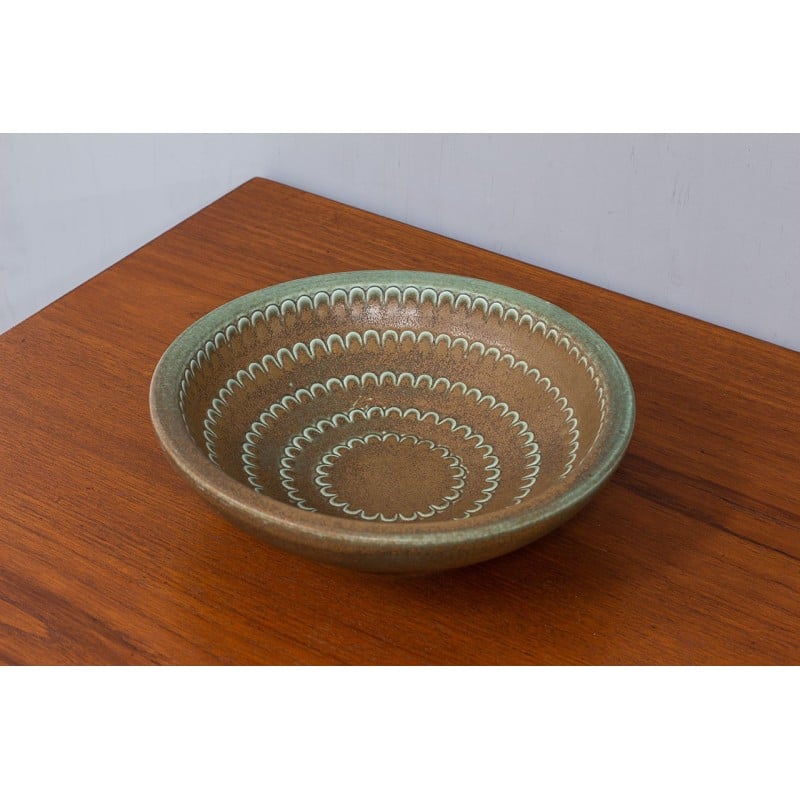 Vintage green and brown stoneware bowl by Wilhelm Kåge for Gustavsberg, Sweden 1950s