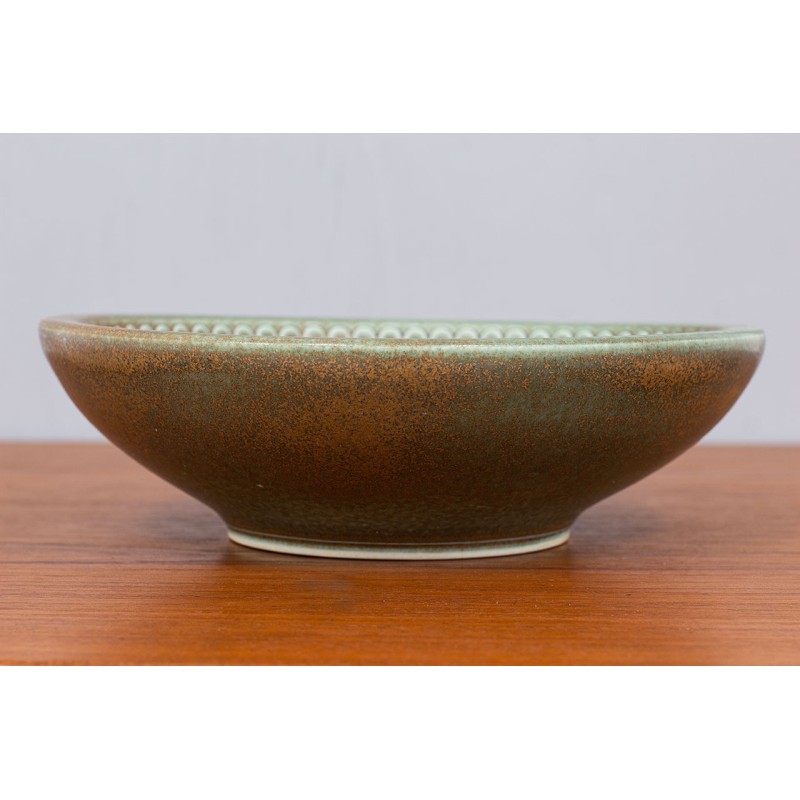 Vintage green and brown stoneware bowl by Wilhelm Kåge for Gustavsberg, Sweden 1950s