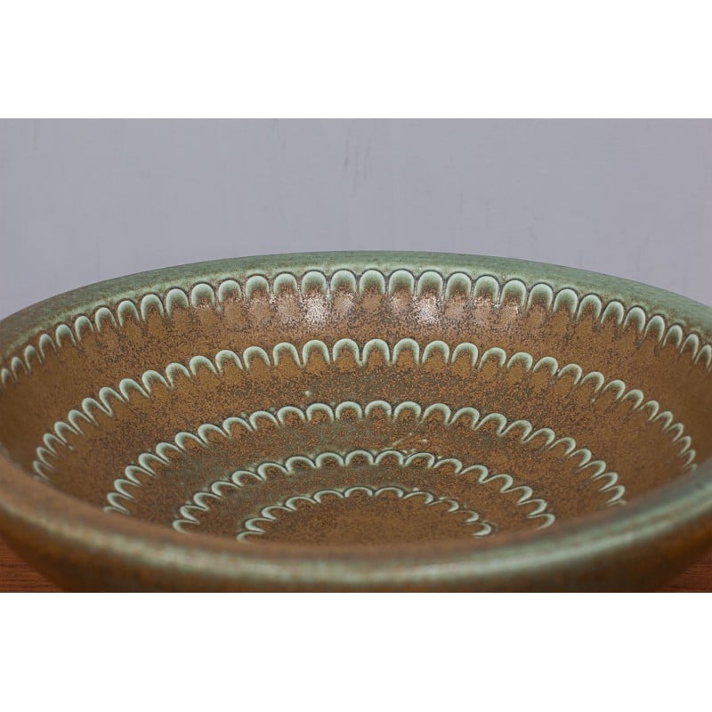 Vintage green and brown stoneware bowl by Wilhelm Kåge for Gustavsberg, Sweden 1950s