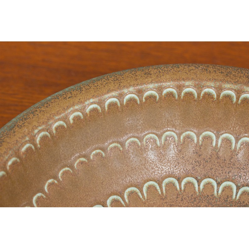 Vintage green and brown stoneware bowl by Wilhelm Kåge for Gustavsberg, Sweden 1950s