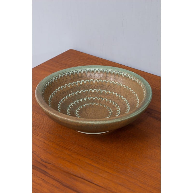 Vintage green and brown stoneware bowl by Wilhelm Kåge for Gustavsberg, Sweden 1950s