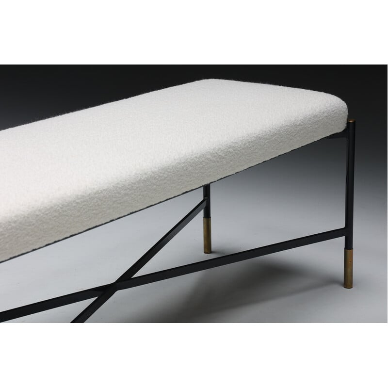 Vintage bench in white bouclé and metal, Italy 1970s