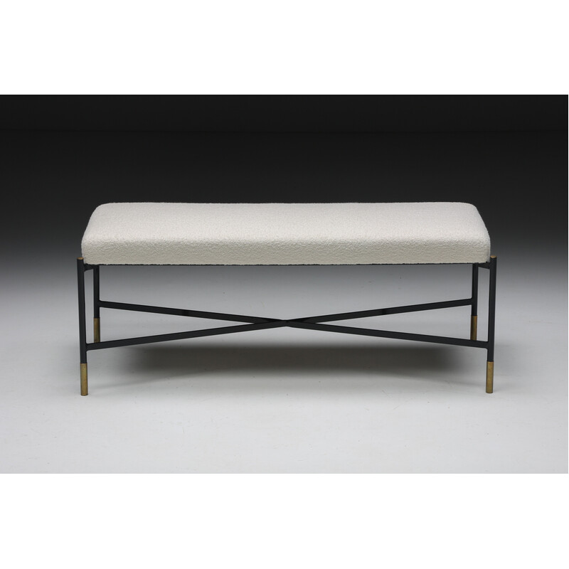 Banc vintage en bouclé blanc et métal, Italie 1970