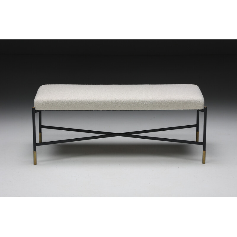 Vintage bench in white bouclé and metal, Italy 1970s
