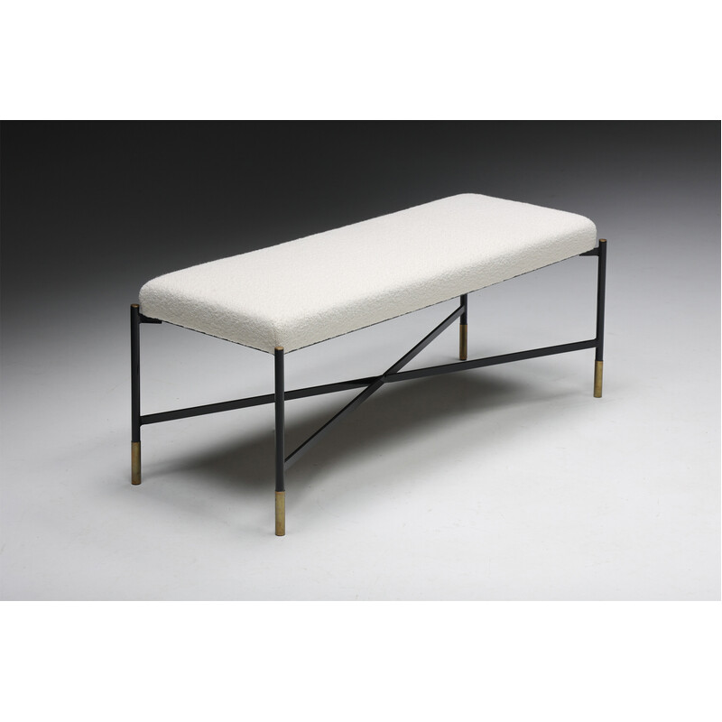 Vintage bench in white bouclé and metal, Italy 1970s