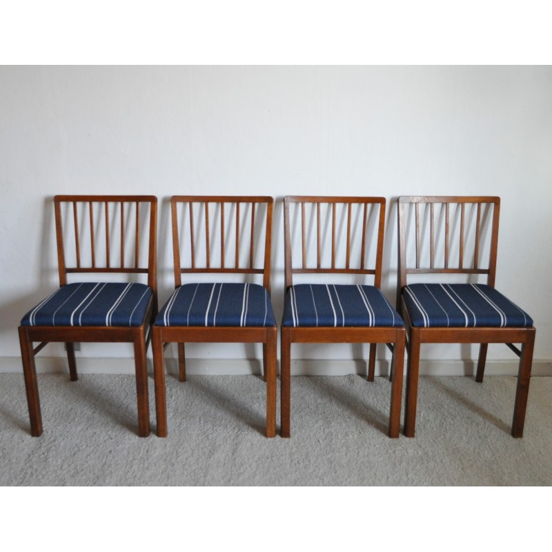 Set of 4 vintage mahogany and wool chairs, Denmark 1940s