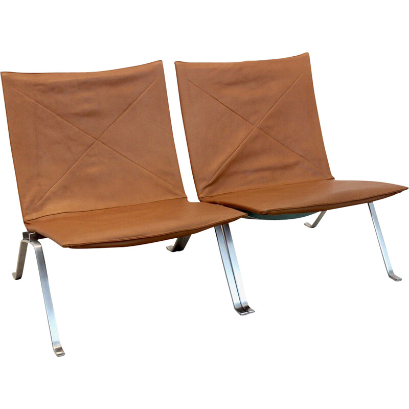 Paar vintage Pk22 stoelen in cognac leer van Poul Kjærholm voor E. Kold Christensen, Denemarken 1950