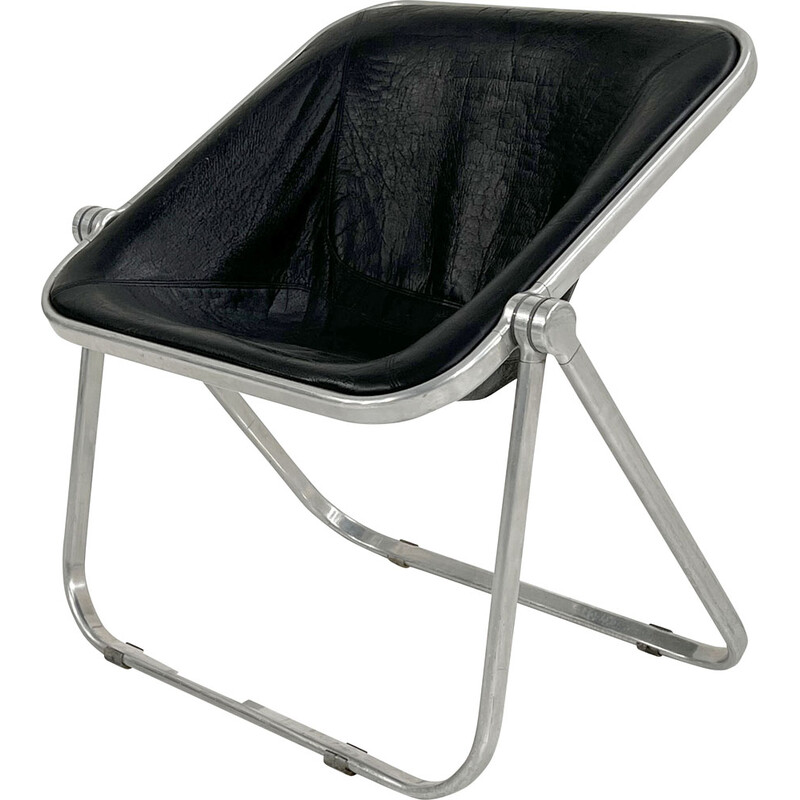 Vintage Plona chair in black leather by Giancarlo Piretti for Castelli, 1970s