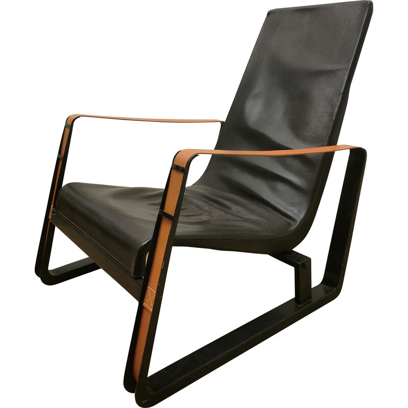 Vintage Cité fauteuil in metaal en leer van Jean Prouvé voor Vitra