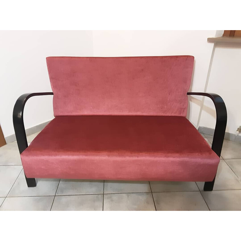 Vintage Art Deco faia preta e sofá de veludo vermelho, 1950